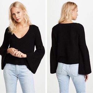 Free People Damsel Black Cable Knit V Neck Bell Sleeve Pullover Sweater